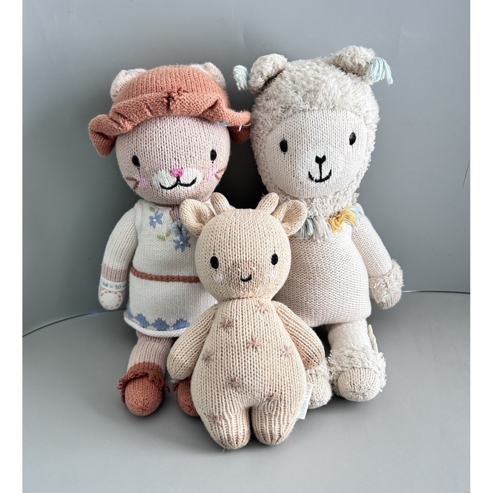 Cuddle and Kind Doll Lot - Cat Sheep and Baby Giraffe - Hand knit Plush Animals